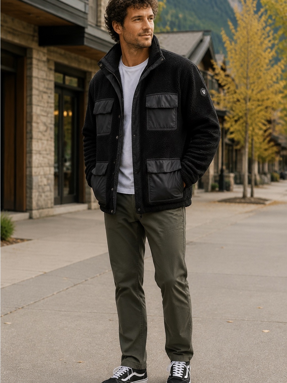 Vuori Black Sherpa Jacket with Nylon Pocket Panels
